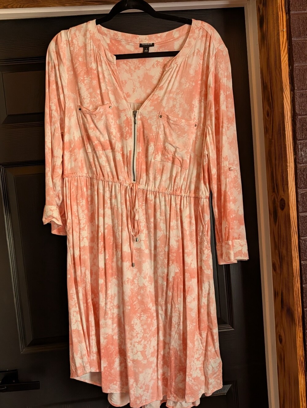 Peach Tie-Dye Zip Front Shirt Dress